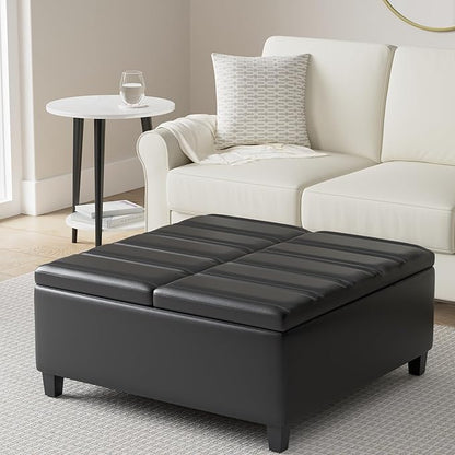 SIMPLIHOME Ellis 36 inch Wide Contemporary Square Coffee Table Storage Ottoman in Midnight Black Vegan Faux Leather, Assembled, For the Living Room and Bedroom
