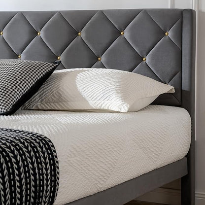 Queen Size Platform Bed Frame with Velvet Upholstered Headboard and Sturdy Wooden Slats Support,Mattress Foundation，Easy Assembly, No Box Spring Needed,Slip Resistant (Grey, Queen)