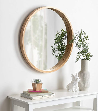 Kate and Laurel Hutton Round Decorative Large Modern Wood Frame Wall Mirror, 30 Inch Diameter, Natural Finish