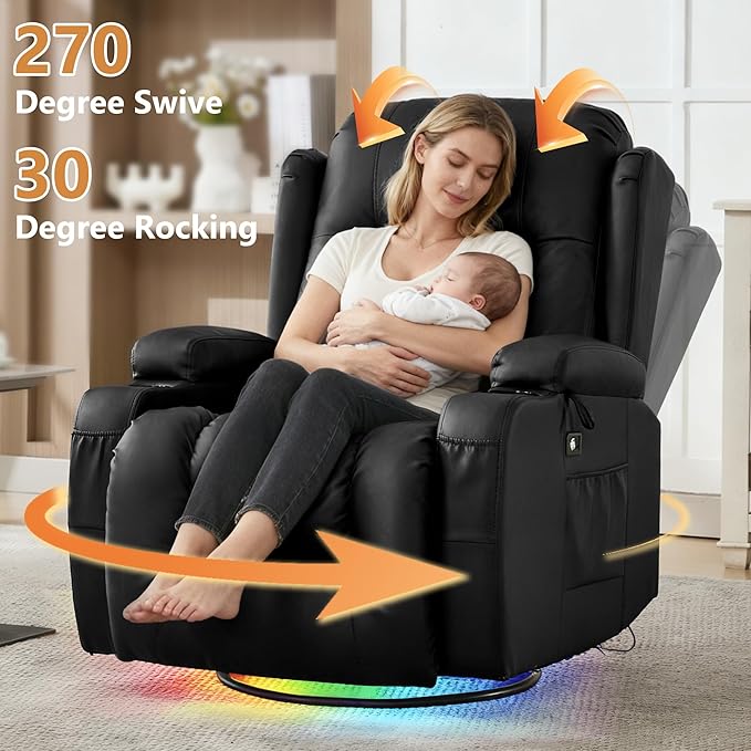 URRED Rocker Recliner Chair for Adults, 270° Swivel Glider Reclining Single Sofa with LED Ambient Light, Cup Holders and Side Pockets, Faux Leather Recliner for Living Room or Home Theater, Black