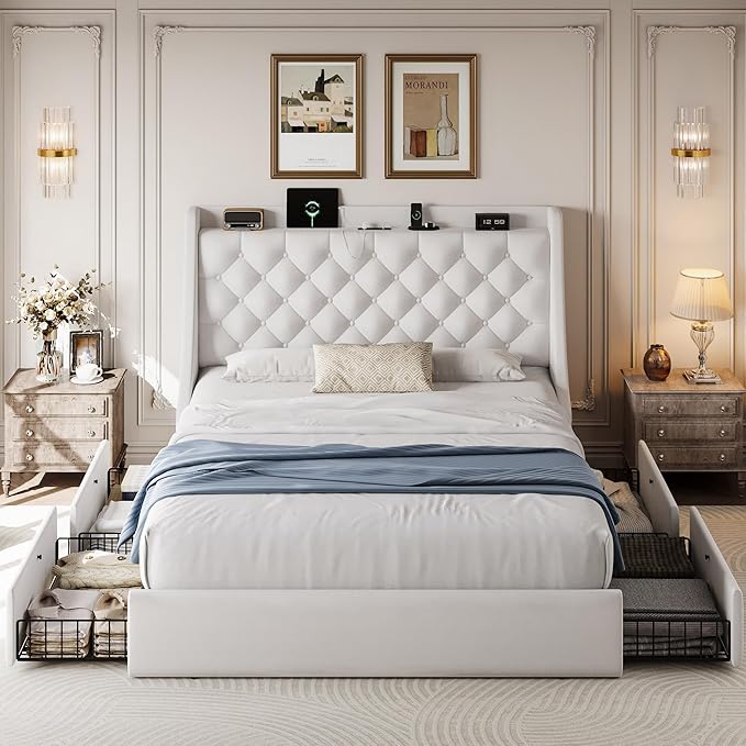 Full Size Upholstered Platform Bed Frame with 4 Storage Drawers and Charging Station, Linen Button Tufted Wingback Headboard, Sturdy Wooden Support Slats, No Box Spring Needed, White