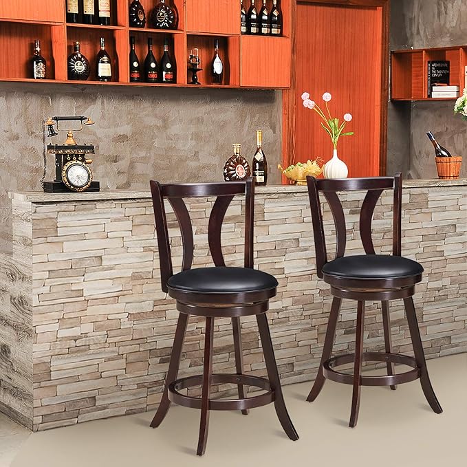 COSTWAY Bar Stools Set of 2, 360-Degree Swivel Stools with Leather Padded Seat, Single Slat Back & Solid Rubber Wood Legs, Counter Height Stools for Pub, Restaurant, Kitchen, Brown (4)