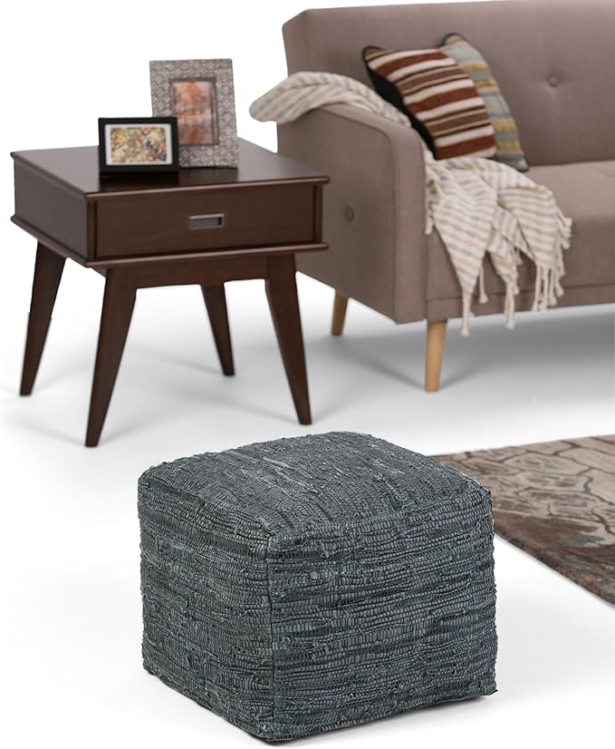 SIMPLIHOME Fredrik Boho Square Pouf in Grey Woven Genuine Leather for the Living Room, Bedroom and Kids Room