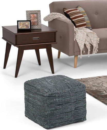 SIMPLIHOME Fredrik Boho Square Pouf in Grey Woven Genuine Leather for the Living Room, Bedroom and Kids Room