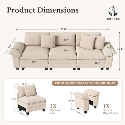 HERA'S HOUSE 124" Modular Sectional Sofa, Oversized Couches for Living Room, Comfy Cloud Couch 3-Seater Deep Seat Sofa with Throw Pillow, Corduroy Beige