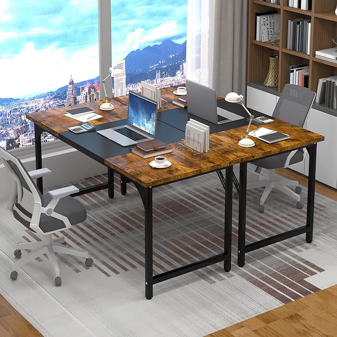 StarGraph Modern Computer Desk 55 Inch Large Office Desk with Carbon Fiber Desktop Home Office Desks with Sturdy Metal Frame Gaming Study Writing Work from Home Desks, Rustic Brown