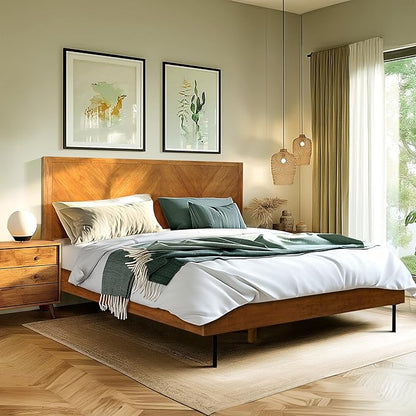 Acacia Alander King Bed Frame and Headboard Solid Wood Platform Bed, Scandinavian Signature Wood Bed Compatible with All Mattress Types, Bed Frame King Bedroom Furniture, Wood Slats Support, Walnut