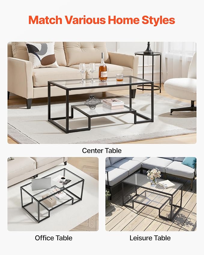 VEVOR Coffee Table, Modern Tempered Glass Coffee Table, 2 Tiers Rectangle Glass Center Desk with Open Storage, Minimalist Sturdy Metal Frame Accent End Desk for Living Room, Office, Easy Assembly