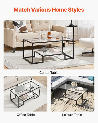 VEVOR Coffee Table, Modern Tempered Glass Coffee Table, 2 Tiers Rectangle Glass Center Desk with Open Storage, Minimalist Sturdy Metal Frame Accent End Desk for Living Room, Office, Easy Assembly