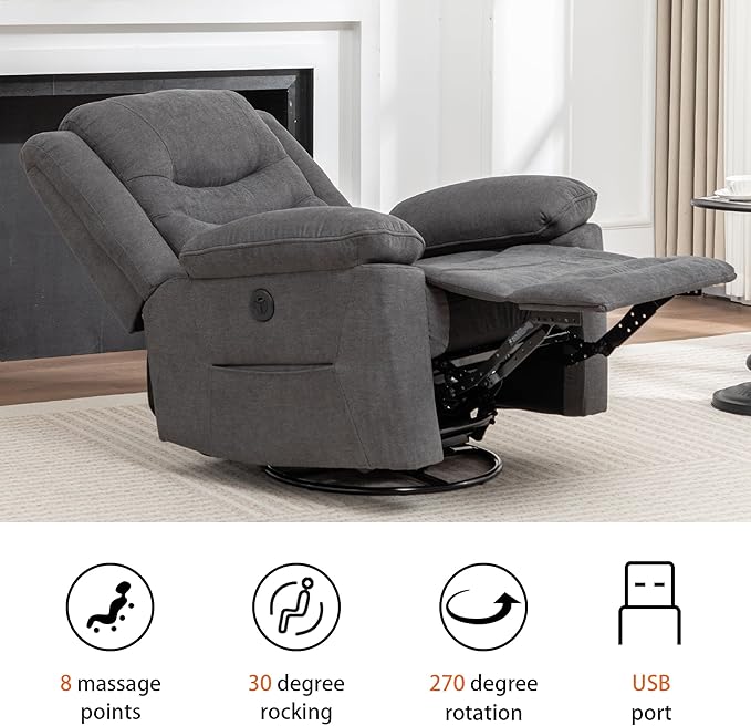 Power Swivel Rocker Recliner with Massage and Heat, USB Port, Infinite Position, Oversized Electric Glider Rocking Chairs Living Room, Soft Fabric Reclining Sofa Chair (Dark Grey Fabric)