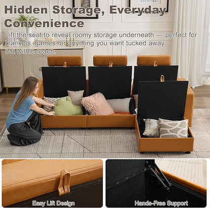 98.2" Modular Sectional Storage Couch, Oversized Faux Leather L Shaped Couch, Modern Cloud Upholstered Sofa with Headrest & Side Pocket, Sectional Sofa for Living Room Apartment Small Spaces, Brown