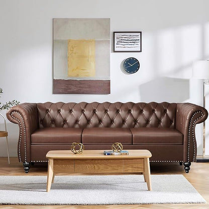 2 Piece Living Room Sofa Set, 3 Seater Faux Leather Sofa Couch and Chair Set, Mid Century Modern Upholstered Couch with Cushions, Vintage Comfy Tufted Chesterfield Couches for Bedroom, Office (Brown)