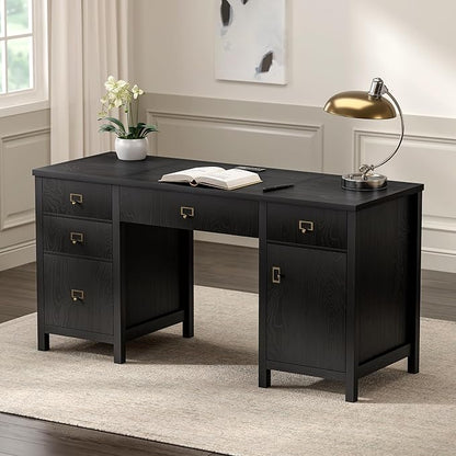59" Executive Desk with File Drawers Cabinet, Modern Computer Desk with Charging Station, Keyboard Tray, Large Home Office Desk, Farmhouse Wood Desk for Study, Writing, Black