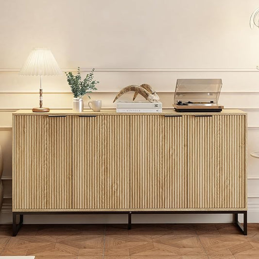 Fluted Accent Storage Cabinet, Kitchen Sideboard Buffet with 4 Fluted Doors, Adjustable Shelves for Living Room, Dining Room, Hallway (Oak)