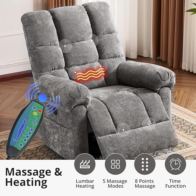 Oversized Power Lift Recliner Chair for Elderly, Electric Lift Chair with Masssage and Heat, Overstuffed Power Recliner for Adults, 3 Positions,USB Ports, Side Pockets,Grey