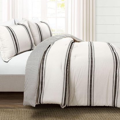Lush Decor Farmhouse Stripe Reversible Cotton Comforter Set, 3 Piece Set, King, Black - Cozy Farmhouse Bedding Set - Rustic Decor - Striped Comforter - Modern Farmhouse Bedroom Decor