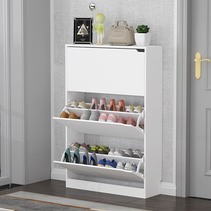 Shoe Storage Cabinet with 3 Flip Drawers, Slim Hidden Wood Shoe Cabinet Storage for Entryway, Freestanding Narrow Shoe Rack Organizer with Adjustable Shelves for Foyer, Hallway, White