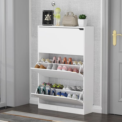 Shoe Storage Cabinet with 3 Flip Drawers, Slim Hidden Wood Shoe Cabinet Storage for Entryway, Freestanding Narrow Shoe Rack Organizer with Adjustable Shelves for Foyer, Hallway, White
