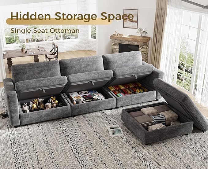 KKL Modular Sectional Oversize Sofa with Adjustable Backrest, 113" L Shaped Couches for Living Room, Down Filled Sectional Sofa Couch with Storage Ottoman Chenille, Grey