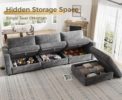 KKL Modular Sectional Oversize Sofa with Adjustable Backrest, 113" L Shaped Couches for Living Room, Down Filled Sectional Sofa Couch with Storage Ottoman Chenille, Grey