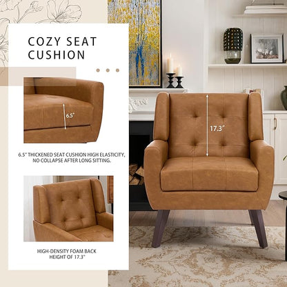 Faux Leather Accent Chair, Mid-Century Modern Upholstered Armchair, Comfy Living Room Chairs Reading Chairs with Button Tufted Back & Solid Wood Legs for Bedroom, Office, Brown