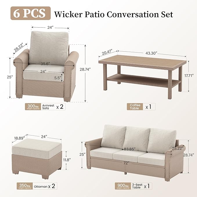 Patio Furniture Set 6 pcs, Wicker Rattan Sofa with 5.5” Thick Waterproof Cushions, 2 Chairs, 2 Ottomans and Coffee Table, All Weather Outdoor Conversation Set for Backyard Deck, 7 Seats Beige