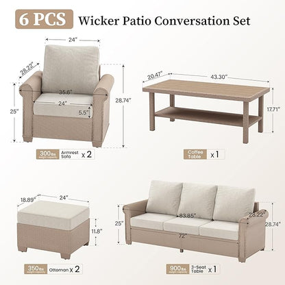 Patio Furniture Set 6 pcs, Wicker Rattan Sofa with 5.5” Thick Waterproof Cushions, 2 Chairs, 2 Ottomans and Coffee Table, All Weather Outdoor Conversation Set for Backyard Deck, 7 Seats Beige