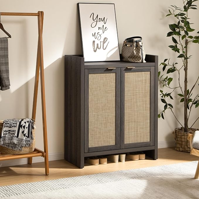 SICOTAS Shoe Storage Cabinet Set of 3, Large Capacity Rattan Shoe Cabinet for Entryway, 6-Tier 41" Tall Shoe Cabinet, Farmhouse Wooden Storage Cabinet for Living Room Hallway, Black Oak