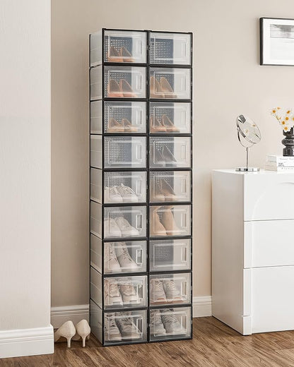 SONGMICS Shoe Boxes, Pack of 18 Shoe Storage Organizers, Stackable Clear Plastic Boxes for Closet, Sneakers, 13.7 x 9.9 x 7.4 Inches, Transparent and Black ULSP007B18