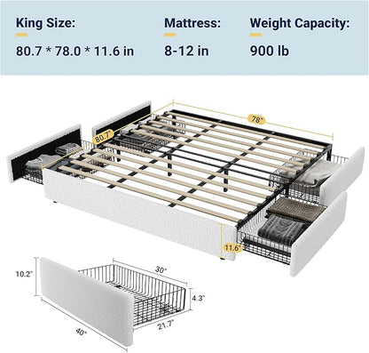 Allewie King Size Bed Frame with 4 Oversized Storage Drawers, Soft Teddy Fabric, Boucle Upholstered Platform Bed, Wooden Slats Support, Noise-Free, No Box Spring Needed, Easy Assembly, White