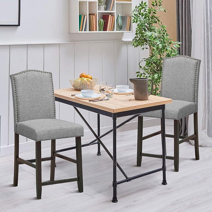 COSTWAY Bar Stools Set of 2, 25'' Upholstered Counter Height Bar Stools with S-Shaped Spring Thick Cushion, Rubber Wood Legs, High Back Leisure Chairs for Living, Kitchen, Dining Room (Grey, 2)