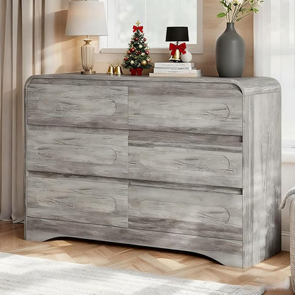 Dresser for Bedroom with 6 Drawers, 47" Wide Modern Dressers & Chest of Drawers with Curved Profile Design, Wood Closet Clothes Storage Dressers Organizer for Bedroom Living Room Hallway, Grey