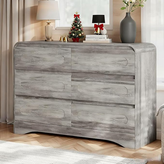 Dresser for Bedroom with 6 Drawers, 47" Wide Modern Dressers & Chest of Drawers with Curved Profile Design, Wood Closet Clothes Storage Dressers Organizer for Bedroom Living Room Hallway, Grey
