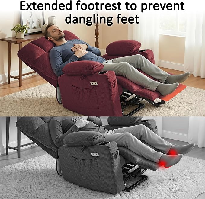 MCombo Dual Motor Power Lift Recliner Chair with Massage and Heat for Elderly People, Infinite Position, USB Ports, Cup Holders, Fabric 7679 (Medium, Burgundy)