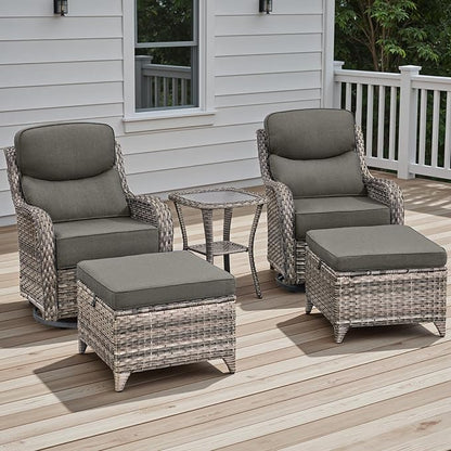 Rilyson Wicker Outdoor Patio Furniture Set - 5 Piece Patio Conversation Sets with Swivel Rocker Chairs, Ottomans and Side Table, 6 inch Cushions, Waterproof Wicker, for Porch Deck Mixed Grey/Grey