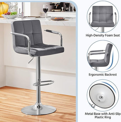 Yaheetech Counter Height Bar Stools Set of 2 Velvet Swivel BarStools for Kitchen Stool Height Adjustable Counter Stool Barstools with Armrest, Velvet, Grey