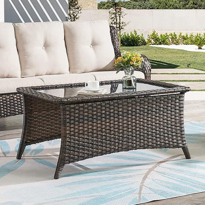 HUMMUH Patio Furniture Set 7 Pieces Wicker Outdoor Sectional Sofa with Swivel Rocker Chairs,Coffee Side Table,Outdoor Ottomans for Patio