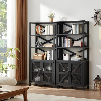5 Tier Bookshelf 70" Tall Bookcase with Barn Doors,Large Farmhouse Display Book Shelf with Adjustable Shelves and Storage Cabinet，Library Wood Bookshelves for Living Room,Kitchen,Antique Black