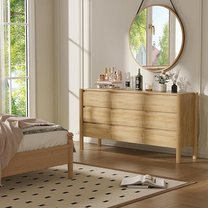 CHUWELL Dresser for Bedroom, 63" Wide Mid Century Modern Chest of Drawers with 9 Large Storage Space and 4 Solid Wood Cylindrical Legs, 9 Drawer Large Dresser for Bedroom(Oak)