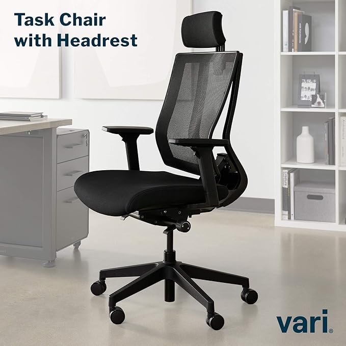 Vari Task Chair with Headrest (VariDesk) - Adjustable Height Ergonomic Office Desk Chair with Armrests & Casters - Breathable Mesh Computer Chair with Lumbar Support - Easy Assembly - Black
