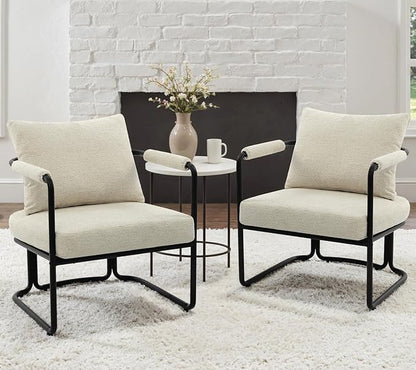 Accent Chairs Set of 2 for Living Room, Mid Century Modern Upholstered Reading Armchairs for Bedroom, Office, with Comfy Chenille Cushion & Metal Frame, Beige Cream