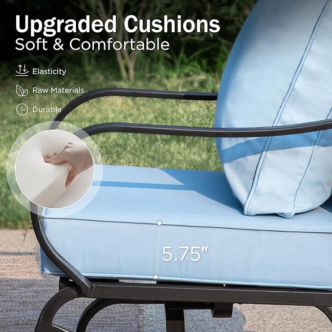 PHI VILLA Patio Furniture Set with Fire Pit Table,1x 3-Seat Wide Deep Seating Bench Sofa, 2 Swivel Sofa Chair, 2 x Leg Chairs,1 Fire Pit Table,Outdoor Conversation Set for 7,Light Blue