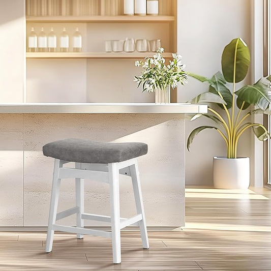 ALPHA HOME Bar Stools Set of 1, Solid Wood Saddle Kitchen Stools with Grey PU Leather Cushion Counter Height Barstools with Wooden Base for Kitchen Dining Cafe, 24 Inch, Grey, 1PCS