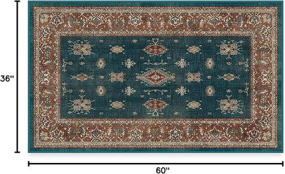RUGGABLE Washable Vintage Area Rug – Verena Teal Blue 3x5, Stain-Resistant, Non-Slip – Small Machine Washable Rugs for Living Room, Bedroom, Hallway, Entryway & Office–with Cushioned Pad