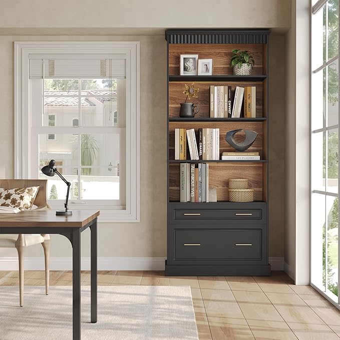 LITTLE TREE 72" Tall Black Bookcase, 5-Tier Office Bookself with File Cabinet Drawers,Modern Floor Standing Storage Filing Cabinet Book Shelf for Living Room,Bedroom(2 Piece,Black)