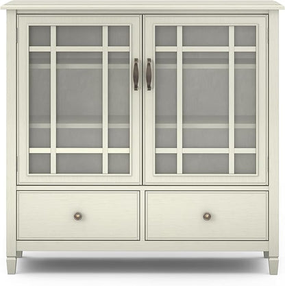 SIMPLIHOME Connaught SOLID WOOD 46 inch Wide Traditional Tall Storage Cabinet in Antique White for the Living Room, Entryway and Family Room