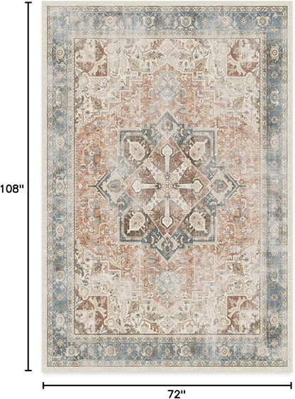 RUGGABLE Washable Vintage Area Rug – Kamran Coral 6x9, Stain-Resistant, Non-Slip – Medium Machine Washable Rugs for Living Room, Bedroom, Hallway, Entryway & Office–with Cushioned Pad