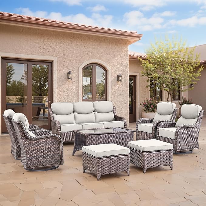 Swivel Patio Chairs sofa Set with 6" Thick Cushion - Wicker Outdoor Swivel Rocker Patio Chair with Side Table, High Back Comfortable Outdoor Glider Chairs - Brown Wicker | Beige Cushions | 4pcs