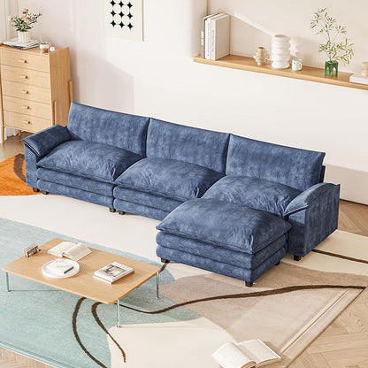 Furniwell Modular Sectional Sofa with Moveable Ottoman, Oversized 3-Seater Couch with Supportive Backrest, Chenille Convertible Sofa Couches for Living Room/Apartment(L Shaped,Blue)