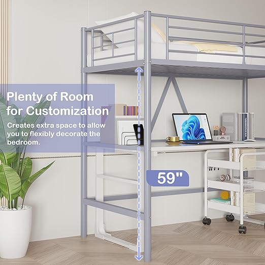 VECELO Metal Loft Bed Twin Size, Heavy Duty Bedframe with Removable Ladder and Safety Guardrail, Space-Saving, Noise Free, No Box Spring Needed, Grey